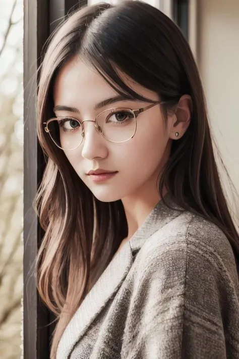 (best quality, masterpiece), 1girl, dappled sunlight, indoors, glasses, shy, 1 girl, young girl, (goosebumps:0.7), beautiful face, (eyeliner, lipstick:0.9), 4k, 8k, uhd, hdr, detailed background, background