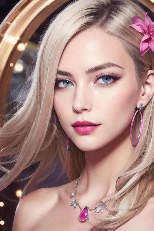 Subterranean world with crystal caverns and luminescent fungi., Alchemist with a collection of rare ingredients, Sensation, Short, Lean, Oval Face, Fair Skin, Platinum Blonde Hair, ice blue Eyes, Short Nose, Full Lips, Receding Chin, Long Hair, Coarse Hair, Updo, augmented breasts, Drop earrings, fuchsia metallic lipstick