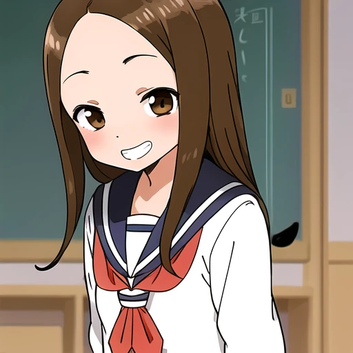 masterpiece,best quality,ultra-detailed, <lora:takagi_san:1>,uniform,serafuku,sailor suit,medium hair,((((side-swept bangs)))),evil grin,evil smile,hidden hands,((in the classroom)),detail background,upper body,****,(arms behind back),perfact face,perface background