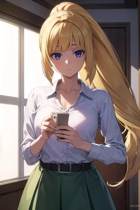 kudeliaainabernstein, <lora:kudeliaainabernstein-lora-nochekaiser:1>,
kudelia aina bernstein, (purple eyes:1.1), long hair, blonde hair, bangs, blunt bangs, ponytail, 
BREAK skirt, shirt, long sleeves, belt, long skirt, white shirt, collar bone, green skirt,
BREAK indoors,
BREAK looking at viewer, (cowboy shot:1.5),
BREAK <lyco:GoodHands-beta2:1>, (masterpiece:1.2), best quality, high resolution, unity 8k wallpaper, (illustration:0.8), (beautiful detailed eyes:1.6), extremely detailed face, perfect lighting, extremely detailed CG, (perfect hands, perfect anatomy),