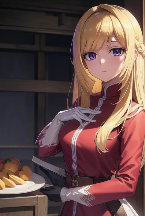 kudeliaainabernstein, <lora:kudeliaainabernstein-lora-nochekaiser:1>,
kudelia aina bernstein, (purple eyes:1.1), long hair, blonde hair, bangs, blunt bangs, 
BREAK gloves, dress, red dress, white gloves, capelet, gown, red gown, apricot, black apricot,
BREAK indoors,
BREAK looking at viewer, (cowboy shot:1.5),
BREAK <lyco:GoodHands-beta2:1>, (masterpiece:1.2), best quality, high resolution, unity 8k wallpaper, (illustration:0.8), (beautiful detailed eyes:1.6), extremely detailed face, perfect lighting, extremely detailed CG, (perfect hands, perfect anatomy),