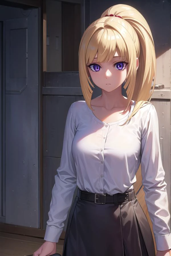 kudeliaainabernstein, <lora:kudeliaainabernstein-lora-nochekaiser:1>,
kudelia aina bernstein, (purple eyes:1.1), long hair, blonde hair, bangs, blunt bangs, ponytail,
BREAK skirt, shirt, long sleeves, belt, long skirt, white shirt, collar bone, green skirt,
BREAK indoors,
BREAK looking at viewer, (cowboy shot:1.5),
BREAK <lyco:GoodHands-beta2:1>, (masterpiece:1.2), best quality, high resolution, unity 8k wallpaper, (illustration:0.8), (beautiful detailed eyes:1.6), extremely detailed face, perfect lighting, extremely detailed CG, (perfect hands, perfect anatomy),