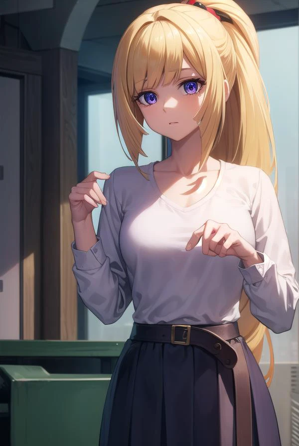 kudeliaainabernstein, <lora:kudeliaainabernstein-lora-nochekaiser:1>,
kudelia aina bernstein, (purple eyes:1.1), long hair, blonde hair, bangs, blunt bangs, ponytail,
BREAK skirt, shirt, long sleeves, belt, long skirt, white shirt, collar bone, green skirt,
BREAK indoors,
BREAK looking at viewer, (cowboy shot:1.5),
BREAK <lyco:GoodHands-beta2:1>, (masterpiece:1.2), best quality, high resolution, unity 8k wallpaper, (illustration:0.8), (beautiful detailed eyes:1.6), extremely detailed face, perfect lighting, extremely detailed CG, (perfect hands, perfect anatomy),