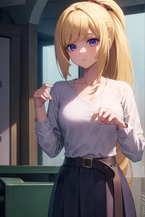 kudeliaainabernstein, <lora:kudeliaainabernstein-lora-nochekaiser:1>,
kudelia aina bernstein, (purple eyes:1.1), long hair, blonde hair, bangs, blunt bangs, ponytail, 
BREAK skirt, shirt, long sleeves, belt, long skirt, white shirt, collar bone, green skirt,
BREAK indoors,
BREAK looking at viewer, (cowboy shot:1.5),
BREAK <lyco:GoodHands-beta2:1>, (masterpiece:1.2), best quality, high resolution, unity 8k wallpaper, (illustration:0.8), (beautiful detailed eyes:1.6), extremely detailed face, perfect lighting, extremely detailed CG, (perfect hands, perfect anatomy),