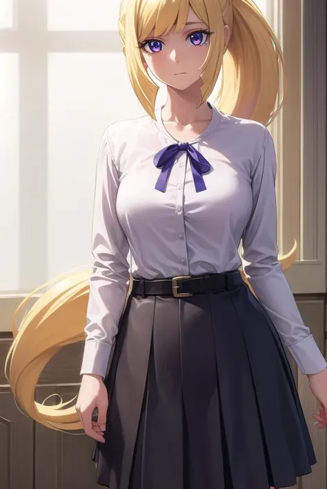 kudeliaainabernstein, <lora:kudeliaainabernstein-lora-nochekaiser:1>,
kudelia aina bernstein, (purple eyes:1.1), long hair, blonde hair, bangs, blunt bangs, ponytail, 
BREAK skirt, shirt, long sleeves, belt, long skirt, white shirt, collar bone, green skirt,
BREAK indoors,
BREAK looking at viewer, (cowboy shot:1.5),
BREAK <lyco:GoodHands-beta2:1>, (masterpiece:1.2), best quality, high resolution, unity 8k wallpaper, (illustration:0.8), (beautiful detailed eyes:1.6), extremely detailed face, perfect lighting, extremely detailed CG, (perfect hands, perfect anatomy),