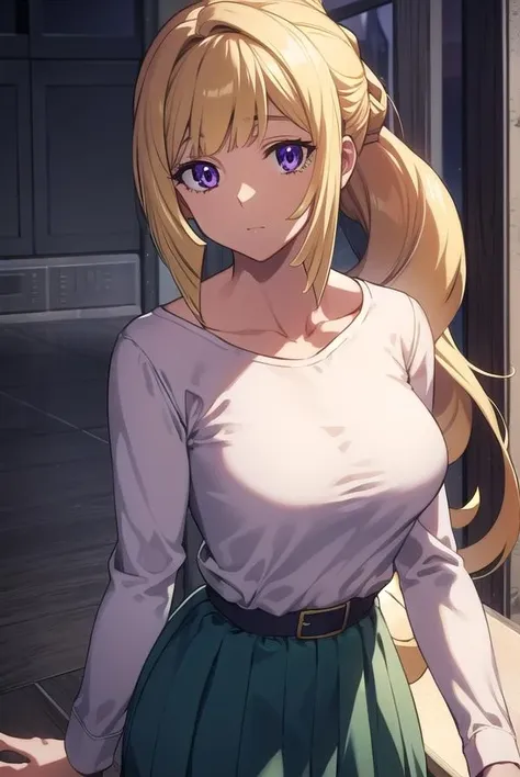 kudeliaainabernstein, <lora:kudeliatest:1>,
kudelia aina bernstein, (purple eyes:1.1), long hair, blonde hair, bangs, blunt bangs, ponytail,
BREAK skirt, shirt, long sleeves, belt, long skirt, white shirt,  collar bone, green skirt,
BREAK looking at viewer,
BREAK indoors,
BREAK <lora:GoodHands-vanilla:1>, (masterpiece:1.2), best quality, high resolution, unity 8k wallpaper, (illustration:0.8), (beautiful detailed eyes:1.6), extremely detailed face, perfect lighting, extremely detailed CG, (perfect hands, perfect anatomy),