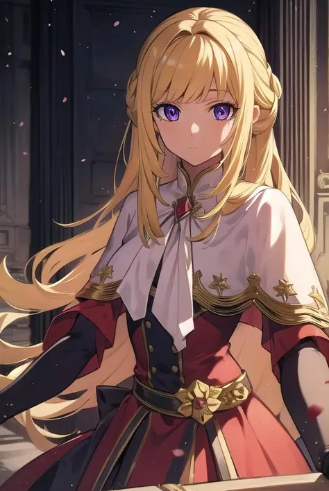 kudeliaainabernstein, <lora:kudeliatest:1>,
kudelia aina bernstein, (purple eyes:1.1), long hair, blonde hair, bangs, blunt bangs, 
BREAK gloves, dress, red dress, white gloves, capelet, gown, red gown, apricot, black apricot,
BREAK looking at viewer,
BREAK indoors,
BREAK <lora:GoodHands-vanilla:1>, (masterpiece:1.2), best quality, high resolution, unity 8k wallpaper, (illustration:0.8), (beautiful detailed eyes:1.6), extremely detailed face, perfect lighting, extremely detailed CG, (perfect hands, perfect anatomy),