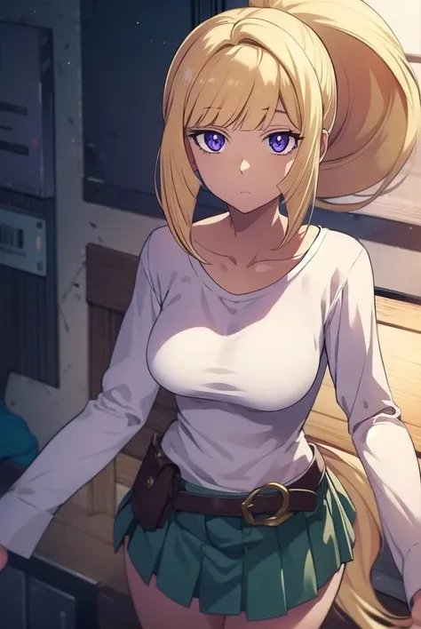 kudeliaainabernstein, <lora:kudeliatest:1>,
kudelia aina bernstein, (purple eyes:1.1), long hair, blonde hair, bangs, blunt bangs, ponytail,
BREAK skirt, shirt, long sleeves, belt, long skirt, white shirt, collar bone, green skirt,
BREAK looking at viewer,
BREAK indoors,
BREAK <lora:GoodHands-vanilla:1>, (masterpiece:1.2), best quality, high resolution, unity 8k wallpaper, (illustration:0.8), (beautiful detailed eyes:1.6), extremely detailed face, perfect lighting, extremely detailed CG, (perfect hands, perfect anatomy),