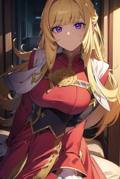 kudeliaainabernstein, <lora:kudeliatest:1>,
kudelia aina bernstein, (purple eyes:1.1), long hair, blonde hair, bangs, blunt bangs, 
BREAK gloves, dress, red dress, white gloves, capelet, gown, red gown, apricot, black apricot,
BREAK looking at viewer,
BREAK indoors,
BREAK <lora:GoodHands-vanilla:1>, (masterpiece:1.2), best quality, high resolution, unity 8k wallpaper, (illustration:0.8), (beautiful detailed eyes:1.6), extremely detailed face, perfect lighting, extremely detailed CG, (perfect hands, perfect anatomy),