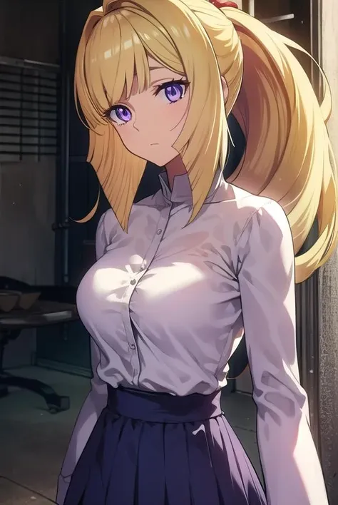 kudeliaainabernstein, <lora:kudeliatest:1>,
kudelia aina bernstein, (purple eyes:1.1), long hair, blonde hair, bangs, blunt bangs, ponytail,
BREAK skirt, shirt, long sleeves, belt, long skirt, white shirt,
BREAK looking at viewer,
BREAK indoors,
BREAK <lora:GoodHands-vanilla:1>, (masterpiece:1.2), best quality, high resolution, unity 8k wallpaper, (illustration:0.8), (beautiful detailed eyes:1.6), extremely detailed face, perfect lighting, extremely detailed CG, (perfect hands, perfect anatomy),
