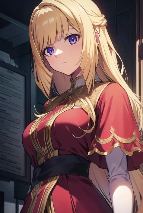 kudeliaainabernstein, <lora:kudeliatest:1>,
kudelia aina bernstein, (purple eyes:1.1), long hair, blonde hair, bangs, blunt bangs,
BREAK gloves, dress, red dress, white gloves, capelet, gown, red gown, apricot, black apricot,
BREAK looking at viewer,
BREAK indoors,
BREAK <lora:GoodHands-vanilla:1>, (masterpiece:1.2), best quality, high resolution, unity 8k wallpaper, (illustration:0.8), (beautiful detailed eyes:1.6), extremely detailed face, perfect lighting, extremely detailed CG, (perfect hands, perfect anatomy),