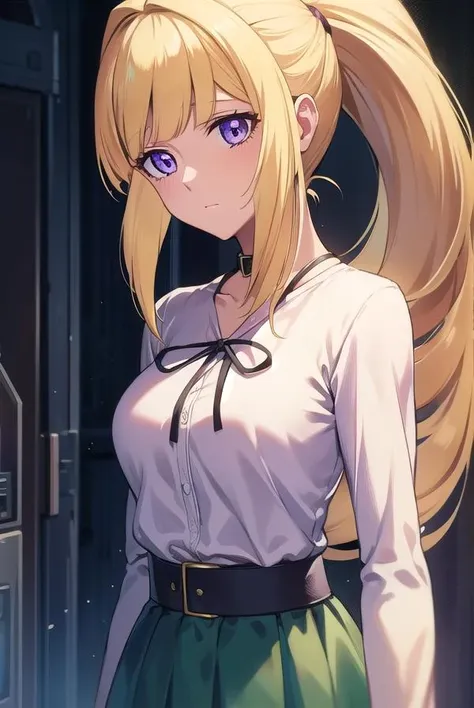 kudeliaainabernstein, <lora:kudeliatest:1>,
kudelia aina bernstein, (purple eyes:1.1), long hair, blonde hair, bangs, blunt bangs, ponytail,
BREAK skirt, shirt, long sleeves, belt, long skirt, white shirt,  collar bone, green skirt,
BREAK looking at viewer,
BREAK indoors,
BREAK <lora:GoodHands-vanilla:1>, (masterpiece:1.2), best quality, high resolution, unity 8k wallpaper, (illustration:0.8), (beautiful detailed eyes:1.6), extremely detailed face, perfect lighting, extremely detailed CG, (perfect hands, perfect anatomy),