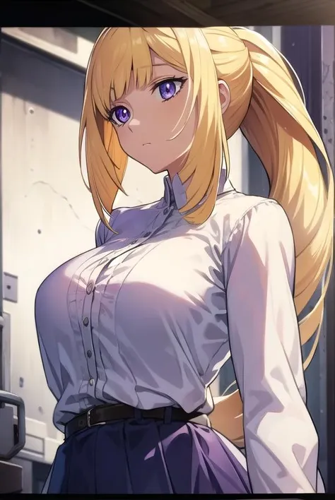 kudeliaainabernstein, <lora:kudeliatest:1>,
kudelia aina bernstein, (purple eyes:1.1), long hair, blonde hair, bangs, blunt bangs, ponytail,
BREAK skirt, shirt, long sleeves, belt, long skirt, white shirt, 
BREAK looking at viewer,
BREAK indoors,
BREAK <lora:GoodHands-vanilla:1>, (masterpiece:1.2), best quality, high resolution, unity 8k wallpaper, (illustration:0.8), (beautiful detailed eyes:1.6), extremely detailed face, perfect lighting, extremely detailed CG, (perfect hands, perfect anatomy),