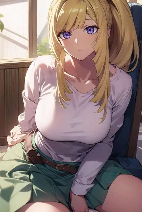 kudeliaainabernstein, <lora:kudeliatest:1>,
kudelia aina bernstein, (purple eyes:1.1), long hair, blonde hair, bangs, blunt bangs, ponytail,
BREAK skirt, shirt, long sleeves, belt, long skirt, white shirt,  collar bone, green skirt,
BREAK looking at viewer,
BREAK indoors,
BREAK <lora:GoodHands-vanilla:1>, (masterpiece:1.2), best quality, high resolution, unity 8k wallpaper, (illustration:0.8), (beautiful detailed eyes:1.6), extremely detailed face, perfect lighting, extremely detailed CG, (perfect hands, perfect anatomy),