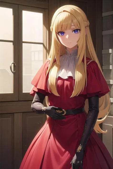 kudeliaainabernstein, <lora:kudeliaainabernstein-lora-nochekaiser:1>,
kudelia aina bernstein, (purple eyes:1.1), long hair, blonde hair, bangs, blunt bangs,
BREAK gloves, dress, red dress, white gloves, capelet, gown, red gown, apricot, black apricot,
BREAK indoors,
BREAK looking at viewer, (cowboy shot:1.5),
BREAK <lyco:GoodHands-beta2:1>, (masterpiece:1.2), best quality, high resolution, unity 8k wallpaper, (illustration:0.8), (beautiful detailed eyes:1.6), extremely detailed face, perfect lighting, extremely detailed CG, (perfect hands, perfect anatomy),