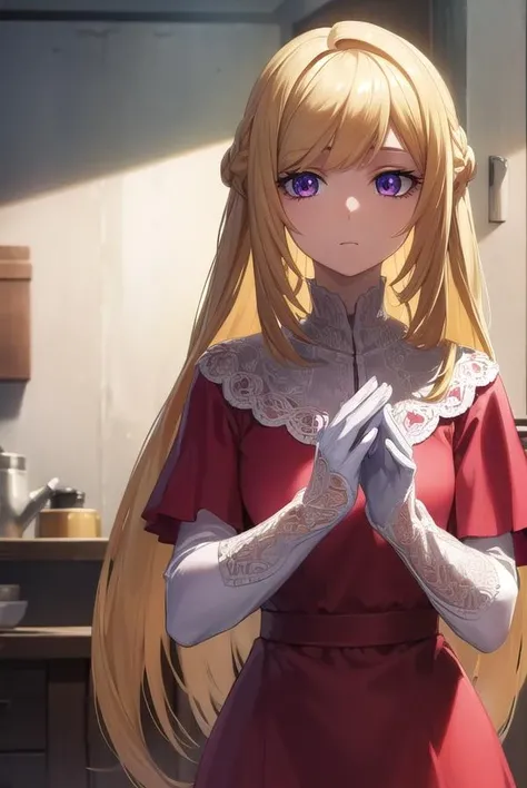 kudeliaainabernstein, <lora:kudeliaainabernstein-lora-nochekaiser:1>,
kudelia aina bernstein, (purple eyes:1.1), long hair, blonde hair, bangs, blunt bangs,
BREAK gloves, dress, red dress, white gloves, capelet, gown, red gown, apricot, black apricot,
BREAK indoors,
BREAK looking at viewer, (cowboy shot:1.5),
BREAK <lyco:GoodHands-beta2:1>, (masterpiece:1.2), best quality, high resolution, unity 8k wallpaper, (illustration:0.8), (beautiful detailed eyes:1.6), extremely detailed face, perfect lighting, extremely detailed CG, (perfect hands, perfect anatomy),
