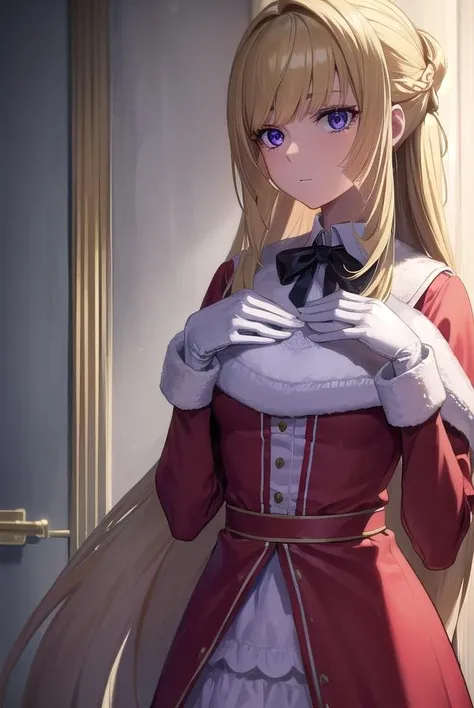 kudeliaainabernstein, <lora:kudeliaainabernstein-lora-nochekaiser:1>,
kudelia aina bernstein, (purple eyes:1.1), long hair, blonde hair, bangs, blunt bangs,
BREAK gloves, dress, red dress, white gloves, capelet, gown, red gown, apricot, black apricot,
BREAK indoors,
BREAK looking at viewer, (cowboy shot:1.5),
BREAK <lyco:GoodHands-beta2:1>, (masterpiece:1.2), best quality, high resolution, unity 8k wallpaper, (illustration:0.8), (beautiful detailed eyes:1.6), extremely detailed face, perfect lighting, extremely detailed CG, (perfect hands, perfect anatomy),