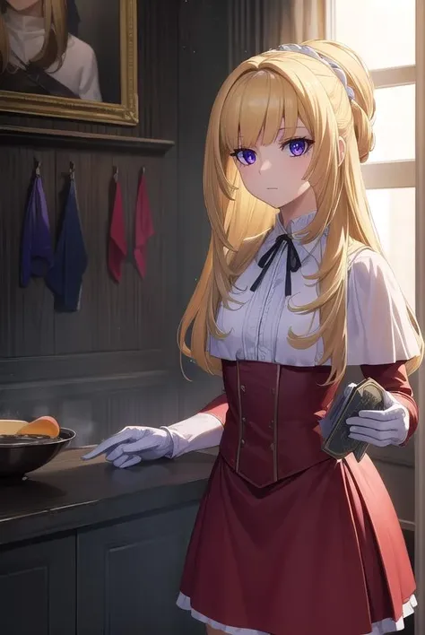 kudeliaainabernstein, <lora:kudeliaainabernstein-lora-nochekaiser:1>,
kudelia aina bernstein, (purple eyes:1.1), long hair, blonde hair, bangs, blunt bangs,
BREAK gloves, dress, red dress, white gloves, capelet, gown, red gown, apricot, black apricot,
BREAK indoors,
BREAK looking at viewer, (cowboy shot:1.5),
BREAK <lyco:GoodHands-beta2:1>, (masterpiece:1.2), best quality, high resolution, unity 8k wallpaper, (illustration:0.8), (beautiful detailed eyes:1.6), extremely detailed face, perfect lighting, extremely detailed CG, (perfect hands, perfect anatomy),