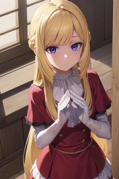 kudeliaainabernstein, <lora:kudeliaainabernstein-lora-nochekaiser:1>,
kudelia aina bernstein, (purple eyes:1.1), long hair, blonde hair, bangs, blunt bangs,
BREAK gloves, dress, red dress, white gloves, capelet, gown, red gown, apricot, black apricot,
BREAK indoors,
BREAK looking at viewer, (cowboy shot:1.5),
BREAK <lyco:GoodHands-beta2:1>, (masterpiece:1.2), best quality, high resolution, unity 8k wallpaper, (illustration:0.8), (beautiful detailed eyes:1.6), extremely detailed face, perfect lighting, extremely detailed CG, (perfect hands, perfect anatomy),