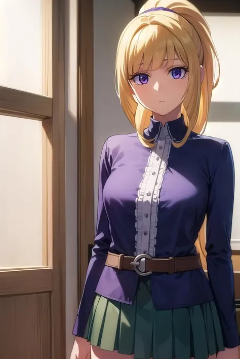 kudeliaainabernstein, <lora:kudeliaainabernstein-lora-nochekaiser:1>,
kudelia aina bernstein, (purple eyes:1.1), long hair, blonde hair, bangs, blunt bangs, ponytail,
BREAK skirt, shirt, long sleeves, belt, long skirt, white shirt, collar bone, green skirt,
BREAK indoors,
BREAK looking at viewer, (cowboy shot:1.5),
BREAK <lyco:GoodHands-beta2:1>, (masterpiece:1.2), best quality, high resolution, unity 8k wallpaper, (illustration:0.8), (beautiful detailed eyes:1.6), extremely detailed face, perfect lighting, extremely detailed CG, (perfect hands, perfect anatomy),