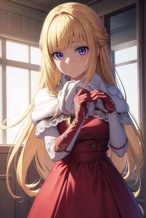 kudeliaainabernstein, <lora:kudeliaainabernstein-lora-nochekaiser:1>,
kudelia aina bernstein, (purple eyes:1.1), long hair, blonde hair, bangs, blunt bangs, 
BREAK gloves, dress, red dress, white gloves, capelet, gown, red gown, apricot, black apricot,
BREAK indoors,
BREAK looking at viewer, (cowboy shot:1.5),
BREAK <lyco:GoodHands-beta2:1>, (masterpiece:1.2), best quality, high resolution, unity 8k wallpaper, (illustration:0.8), (beautiful detailed eyes:1.6), extremely detailed face, perfect lighting, extremely detailed CG, (perfect hands, perfect anatomy),