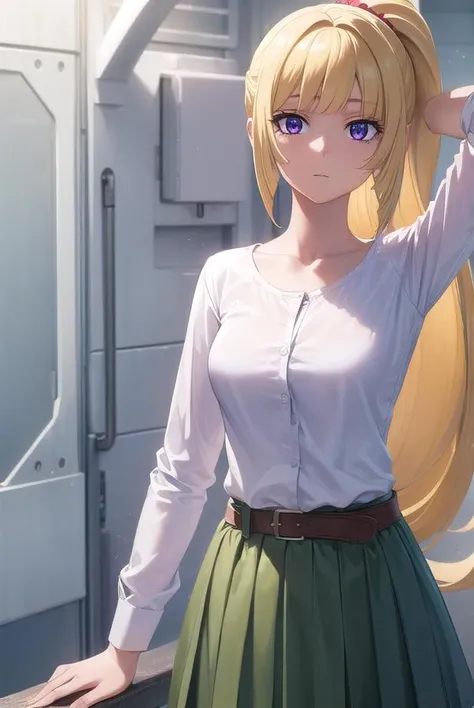 kudeliaainabernstein, <lora:kudeliaainabernstein-lora-nochekaiser:1>,
kudelia aina bernstein, (purple eyes:1.1), long hair, blonde hair, bangs, blunt bangs, ponytail, 
BREAK skirt, shirt, long sleeves, belt, long skirt, white shirt, collar bone, green skirt,
BREAK indoors,
BREAK looking at viewer, (cowboy shot:1.5),
BREAK <lyco:GoodHands-beta2:1>, (masterpiece:1.2), best quality, high resolution, unity 8k wallpaper, (illustration:0.8), (beautiful detailed eyes:1.6), extremely detailed face, perfect lighting, extremely detailed CG, (perfect hands, perfect anatomy),