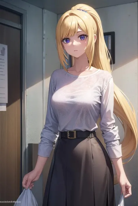 kudeliaainabernstein, <lora:kudeliaainabernstein-lora-nochekaiser:1>,
kudelia aina bernstein, (purple eyes:1.1), long hair, blonde hair, bangs, blunt bangs, ponytail,
BREAK skirt, shirt, long sleeves, belt, long skirt, white shirt, collar bone, green skirt,
BREAK indoors,
BREAK looking at viewer, (cowboy shot:1.5),
BREAK <lyco:GoodHands-beta2:1>, (masterpiece:1.2), best quality, high resolution, unity 8k wallpaper, (illustration:0.8), (beautiful detailed eyes:1.6), extremely detailed face, perfect lighting, extremely detailed CG, (perfect hands, perfect anatomy),