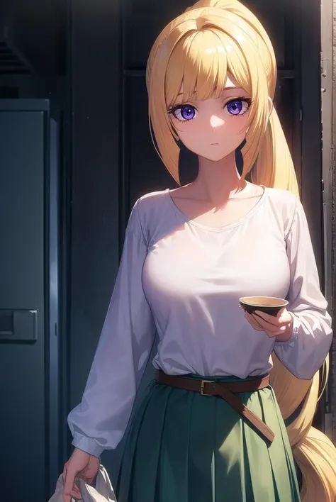 kudeliaainabernstein, <lora:kudeliaainabernstein-lora-nochekaiser:1>,
kudelia aina bernstein, (purple eyes:1.1), long hair, blonde hair, bangs, blunt bangs, ponytail, 
BREAK skirt, shirt, long sleeves, belt, long skirt, white shirt, collar bone, green skirt,
BREAK indoors,
BREAK looking at viewer, (cowboy shot:1.5),
BREAK <lyco:GoodHands-beta2:1>, (masterpiece:1.2), best quality, high resolution, unity 8k wallpaper, (illustration:0.8), (beautiful detailed eyes:1.6), extremely detailed face, perfect lighting, extremely detailed CG, (perfect hands, perfect anatomy),