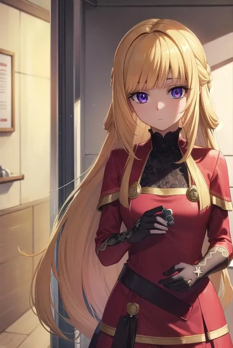 kudeliaainabernstein, <lora:kudeliaainabernstein-lora-nochekaiser:1>,
kudelia aina bernstein, (purple eyes:1.1), long hair, blonde hair, bangs, blunt bangs,
BREAK gloves, dress, red dress, white gloves, capelet, gown, red gown, apricot, black apricot,
BREAK indoors,
BREAK looking at viewer, (cowboy shot:1.5),
BREAK <lyco:GoodHands-beta2:1>, (masterpiece:1.2), best quality, high resolution, unity 8k wallpaper, (illustration:0.8), (beautiful detailed eyes:1.6), extremely detailed face, perfect lighting, extremely detailed CG, (perfect hands, perfect anatomy),