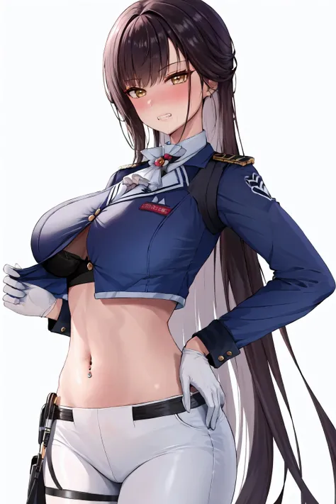 1girl, solo, long hair, looking at viewer, blush, large breasts, brown hair, shirt, black hair, gloves, long sleeves, white background, navel, brown eyes, very long hair, underwear, yellow eyes, cowboy shot, teeth, midriff, pants, white gloves, stomach, bra, crop top, hand on hip, ascot, piercing, blue jacket, clenched teeth, black bra,marciana \(nikke\),shiny skin,(mature female:1.2), <lora:marciana-v1-nai-6ep-resize:0.65>