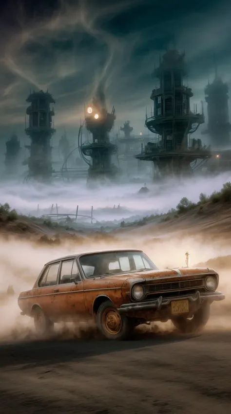 RAW Photo of  worldofmist a wild west town seen through the frame of a rusted car wreckage <lora:WorldofMist:1><lora:add_detail:0.6> <lora:LowRa:0.2>, (Masterpiece:1.3) (best quality:1.2) (high quality:1.1), HDR10,rim lighting,high quality,golden ratio,high-resolution DSLR,80mm F1.9 lens,intricately detailed,complementary colors,cinematic lighting,16k resolution