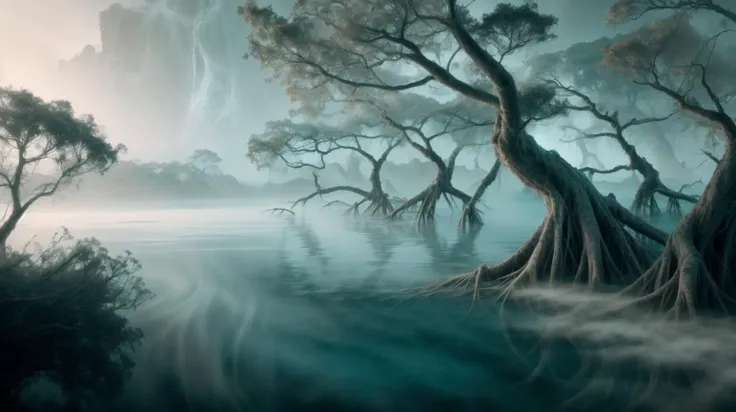 RAW Photo of worldofmist tangled mangroves with their roots submerged in a saltwater marsh <lora:WorldofMist:1><lora:add_detail:0.6> <lora:LowRa:0.2>, (Masterpiece:1.3) (best quality:1.2) (high quality:1.1), HDR,dynamic composition,vivid,natural lighting,cinematic lighting,detailed,complementary colors,particle effects,incredibly detailed,stunning