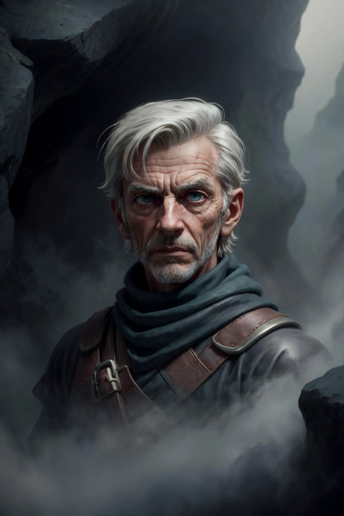 (masterpiece, best quality), game cg cinematic, <lora:add_detail:1>, <lora:anime3d:0.75>, <lora:3DMM_V12:0.25>, 3DMM,
(1man, wrinkled face, old male:1.2), frail, green eyes, graying hair, layer cut,
portrait, looking away, solo, half shot, detailed background, detailed face, (<lora:WorldofMist:0.6>, worldofmist theme:1.1), face covered by scarf, sapper, (tattoos:0.9), thieves guild, rugged dark leather (armor:0.7), small leather pouch, high fantasy medieval setting, dark cave background, stealth, undercover, illegal, suspicious, shady dealings, low light, shadows, fog, gloomy atmosphere,
