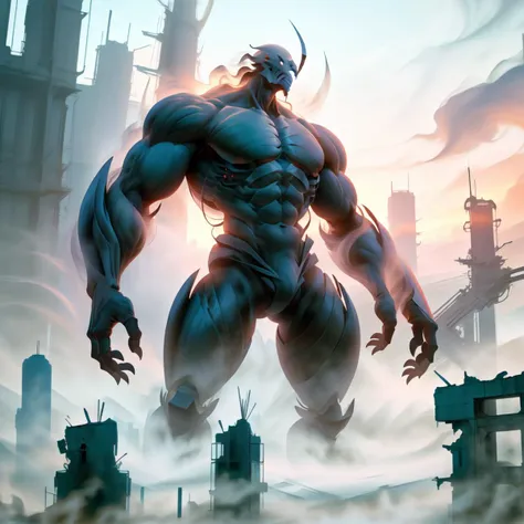 <lora:WorldofMist:1>, worldofmist, a titan towering above a ruined civilization, sunset