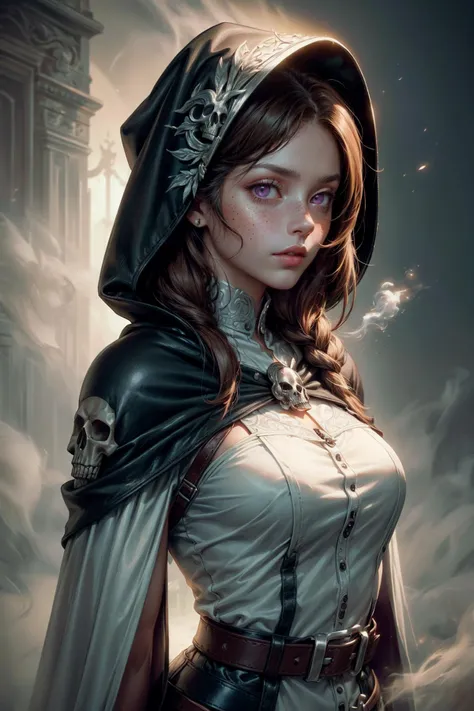 (Masterpiece:1.2), best quality, (illustration:1.2), (ultra-detailed), hyper details, (delicate detailed), (intricate details), clear line, high contrast, colorful, (Photoshop Pastel Painting), (Cinematic masterpiece), <lora:add_detail:1>, <lora:sharpen-soften:-0.25>, <lora:kittew_v0.1:0.3>,
1 girl, adult portuguese woman, freckles, purple eyes, light brown textured hair,
portrait, looking at viewer, solo, upper body, detailed background, (<lora:WorldofMist:0.6>, worldofmist theme:1.1), dark seeker, silver trimmed intricate leather clothes, cape, straps, belts, skull symbols, hood, gunpowder, dark cellar in background, autumn, eerie atmosphere, dark lighting, shadows, warhammer dark fantasy,