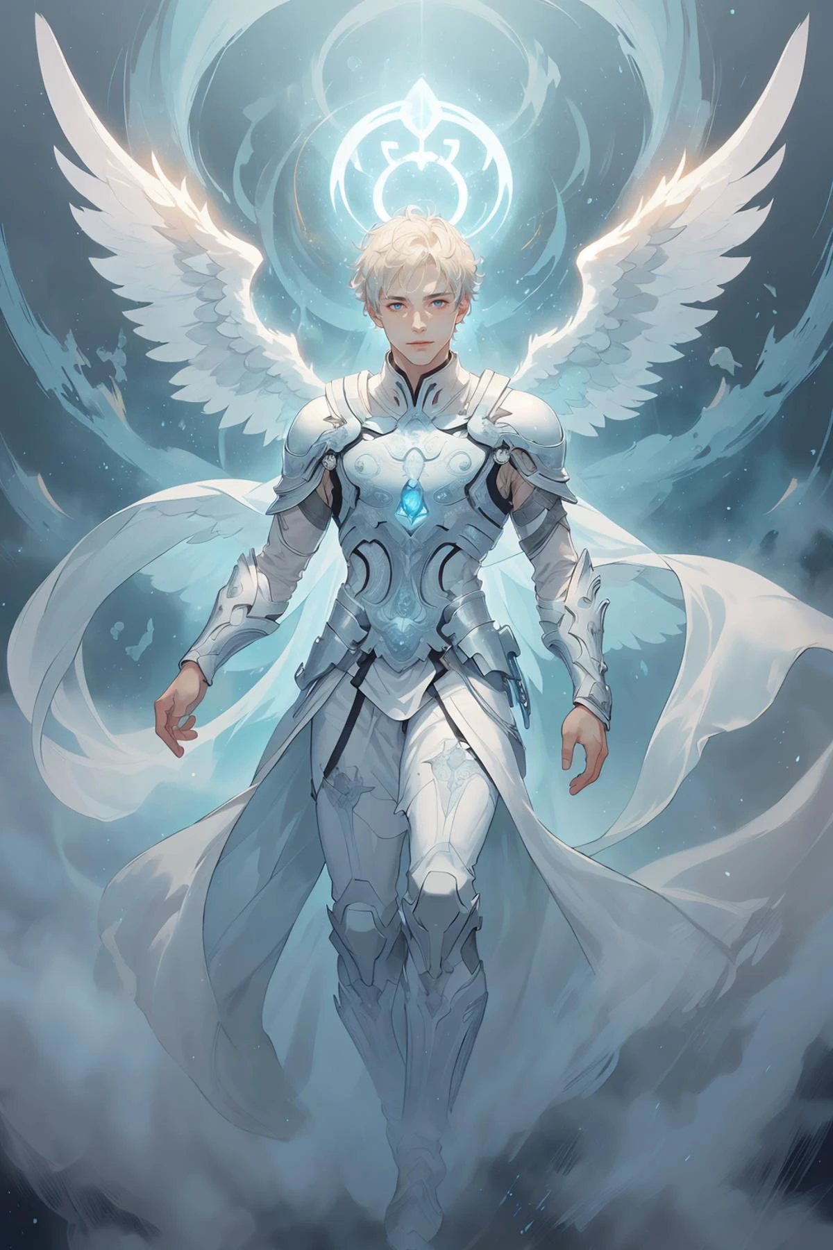 (intricate detail, beautiful:1.2), <lora:smol02:0.4>, <lora:Dreamwave v3:0.5>,
<lora:GoodHands-beta2:0.8>,
(1man, thin adult male:1.2), light blue eyes, light blonde hair, clean-shaven,
Style-GravityMagic, solo, from below, full body, detailed background, detailed face, (<lora:WorldofMist:0.6>, worldofmist theme:1.1), glowing eyes, (angel of justice:1.05), valkyrie, wearing dark themed robes, cape,, smile, rediating kindness, glowing angelic glyphs, emanating angelic glow, shining halo of light above head, gloria, carrying magical flame of justice, guardian of lost souls, , religious symbolism, rainbow, in background, rays of bright light, soft rain , ethereal atmosphere,