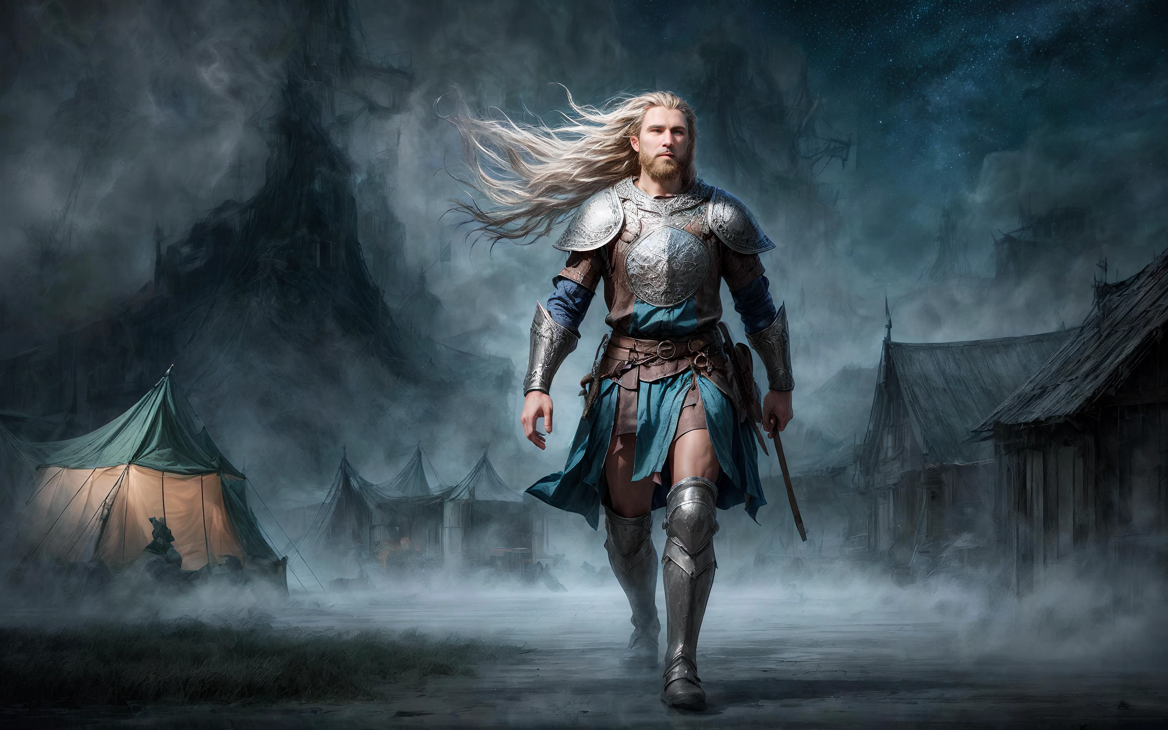 masterpiece, epic, majestic, best quality, very high resolution, 8k, hdr, digital photography, dynamic pose, Junoesque 35 years old (male Dolgan:1.2) merchant, turquoise eyes, (silver hair, viking hair:1.1), showing lighthearted expression, solo, full body, looking away, detailed background, detailed face, (<lora:WorldofMist:0.6>, worldofmist theme:1.1), footsoldier, standing firm, watchful, emblem, Spring green banner, medieval military camp, tents in background, wind blowing, starry sky, medieval atmosphere,, (iridescent:0.7), (transparent:0.8), (translucid:0.8), (reflection:0.6), (refraction:0.3), (diffraction:0.3), (caustics:0.3), volumetric lights, volumetric shadows, (subsurface scatering:0.4), physically based rendering, (intricate details:1.3), hyperdetailed, ultrarealistic, (sharp focus:1.2) <lora:hyperdenoiser_v090:1.5> <lora:add_detail:1.5>
