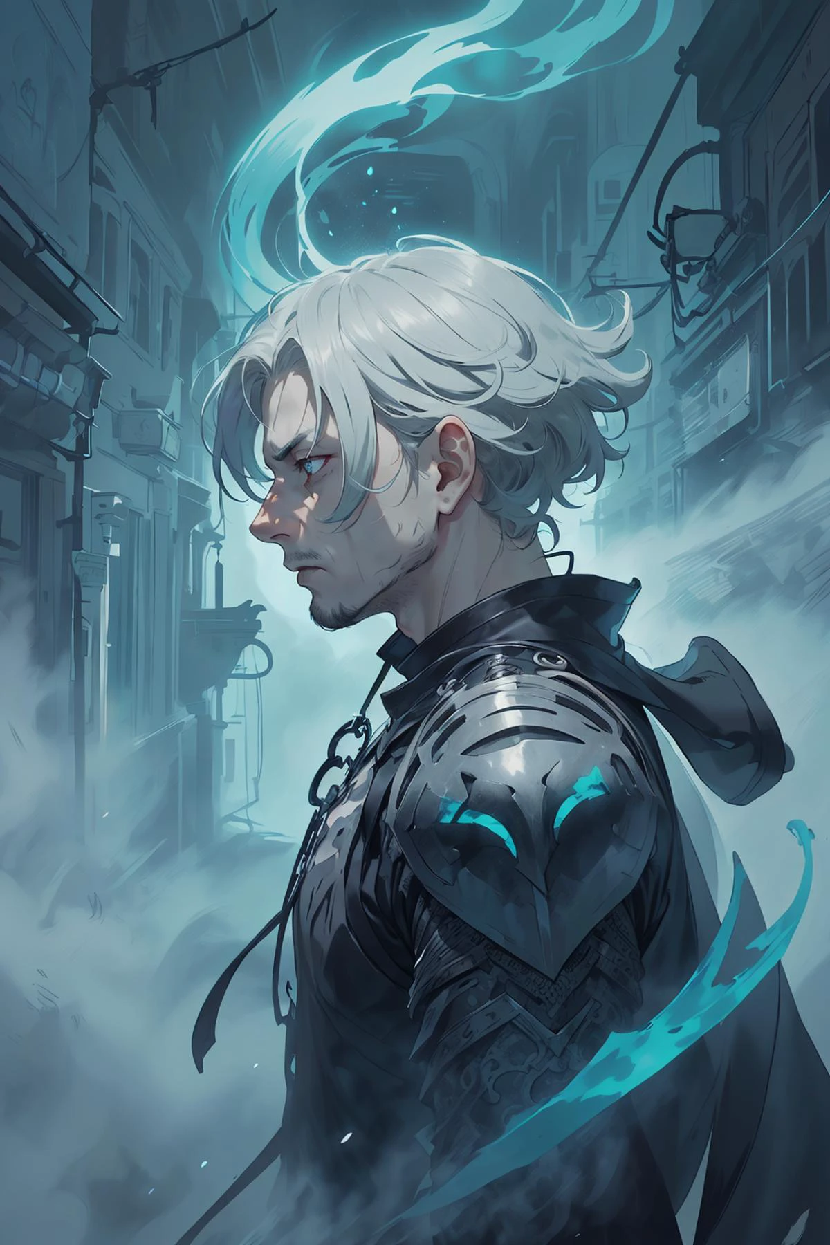 (intricate detail, beautiful:1.2), <lora:smol02:0.4>, <lora:Dreamwave v3:0.5>,
(1man, wrinkled face, old male:1.2), frail, turquoise eyes, gray hair, low-fade,
Style-GravityMagic, solo, from side, side view, (full body:0.6), looking at viewer, detailed background, detailed face, (<lora:WorldofMist:0.6>, worldofmist theme:1.1), dark eyes, mythical shadow-phantom, tattered cloak, dark black leather armour, black pendant emanating evil aura, vengeful expression, evil ethereal glyphs, dark blade, dynamic movement, shadowy alleyway in background, (sinister shadows:1.1), ethereal luminescence, wind blowing, ominous atmosphere,