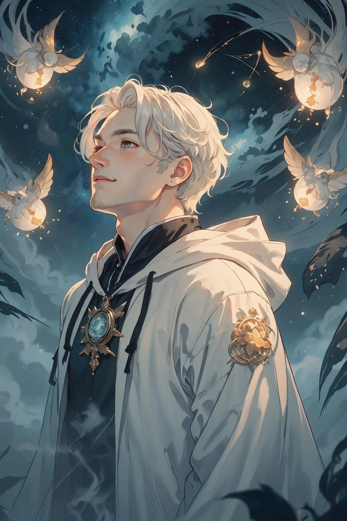 (intricate detail, beautiful:1.2), <lora:smol02:0.4>, <lora:Dreamwave v3:0.5>,
<lora:GoodHands-beta2:0.8>,
(1man, masculine adult male:1.2), grey eyes, platinum blonde hair, fade with sideburns,
(style-swirlmagic:0.8), looking up, solo, from front, front view, half shot, detailed background, detailed face, (<lora:WorldofMist:0.6>, worldofmist theme:1.1), (evil:0.7) smile, wild hair, charlatan, wearing (light green:0.7) hooded robe, crystal medallion, outdoors, star constellations, simple staff, exotic flowers, , mushrooms, potions, surrounded by natural magic, fireflies, elemental harmony, sunset, foreboding atmosphere,