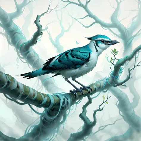 <lora:WorldofMist:1>, worldofmist, a bird, perched on a withered tree