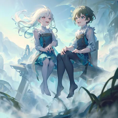 <lora:WorldofMist:1>, worldofmist, two sitting on a hill, laughing