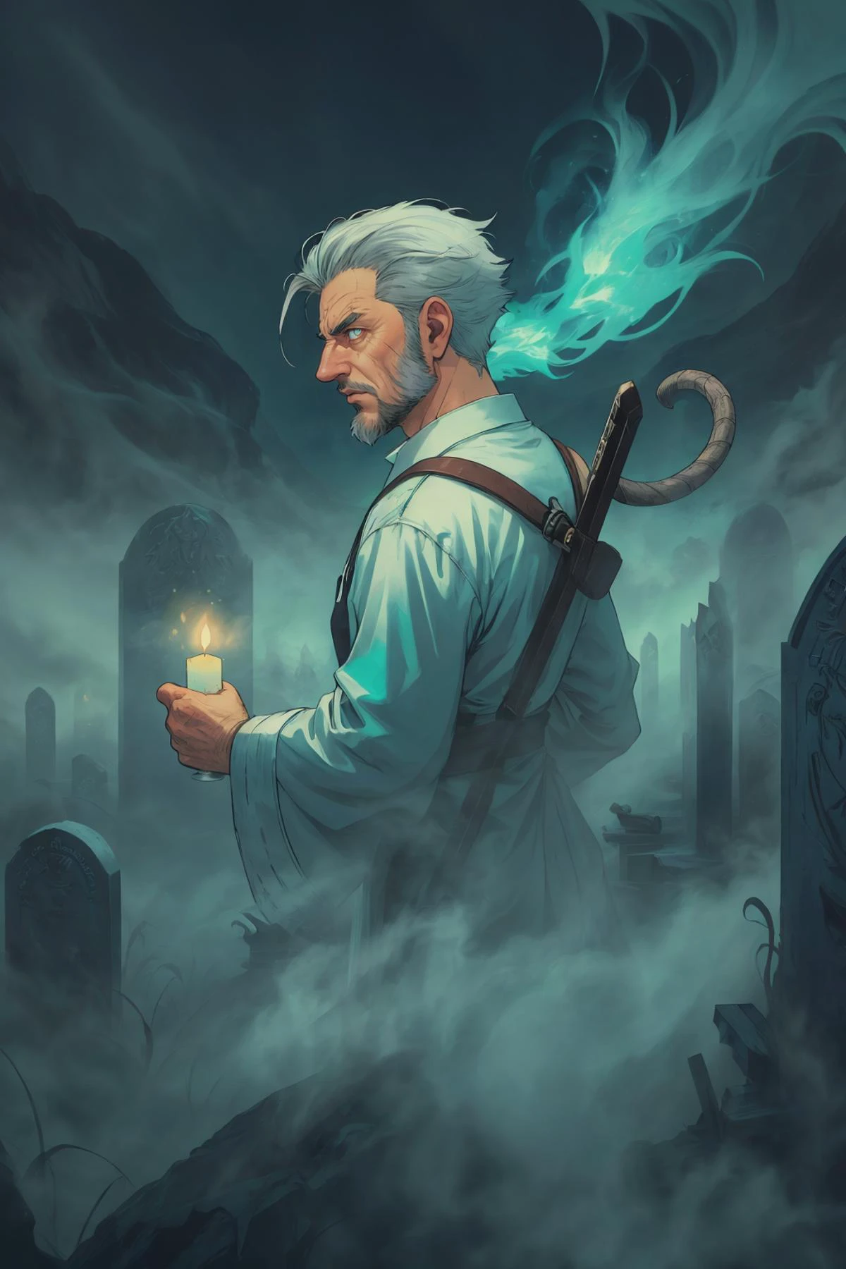 (best quality, masterpiece, highest detailed), comic cover art, poster art, <lora:Ink_poster-000004:0.3>,
(1man, old male:1.2), frail, aquamarine eyes, graying hair, mutton chops,
<lora:GoodHands-beta2:0.8>,
portrait, solo, from back, back view, turning around, half shot, looking at viewer, detailed background, detailed face, (<lora:WorldofMist:0.6>, worldofmist theme:1.1), ethereal glowing eyes, soul reaper, white clothes, dynamic pose, grim presence, , faint glow, floating particles, dark shadows, tombstones in background, aura of fate, rats in background, eerie fog, dark clouds, candlelight, sinister dark atmosphere, chants of the past,