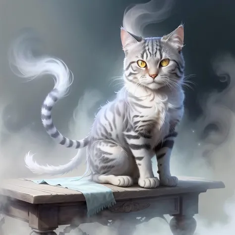 <lora:WorldofMist:1>, worldofmist, cat, armoured, sitting on a table,