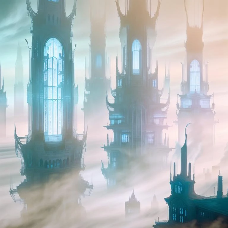 <lora:WorldofMist:1>, worldofmist, city with towers and buildings with windows,