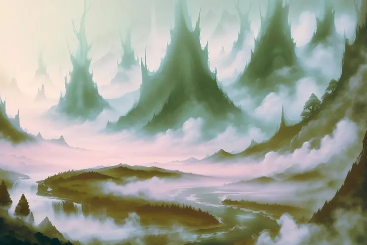 <lora:WorldofMist:1>, worldofmist, forest with mountains and rivers,