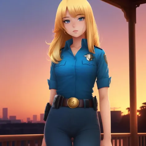 <lora:HPStyle:0.95>, anime (hpstyle) style, best quality, 1girl, solo, stern, standing, beautiful evening sunset background, soft focus, blonde hair, eyeliner, slim, police uniform, blue shirt, belt, blue tight pants, perfect eyes, legs, shoulders