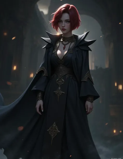 In a mysterious, shadowy realm where forbidden magic reigns, a stunningly beautiful woman with short, blood-red hair and a robe adorned with ancient, sacred symbols stands as the captivating main character of this enchanting story. Her somber and grave demeanor is offset by her alluring beauty, creating a powerful contrast that draws the viewer in. The intricate symbols on her robe seem to pulse with an otherworldly energy, highlighting her deep connection to the forbidden magic that surrounds her. The scene is set against a simple, yet atmospheric background that allows her to take center stage, her ethereal presence dominating the image with an air of mystique and allure. The image captures the essence of the forbidden magic story, transforming the initial prompt into a visually stunning and captivating piece of digital art.