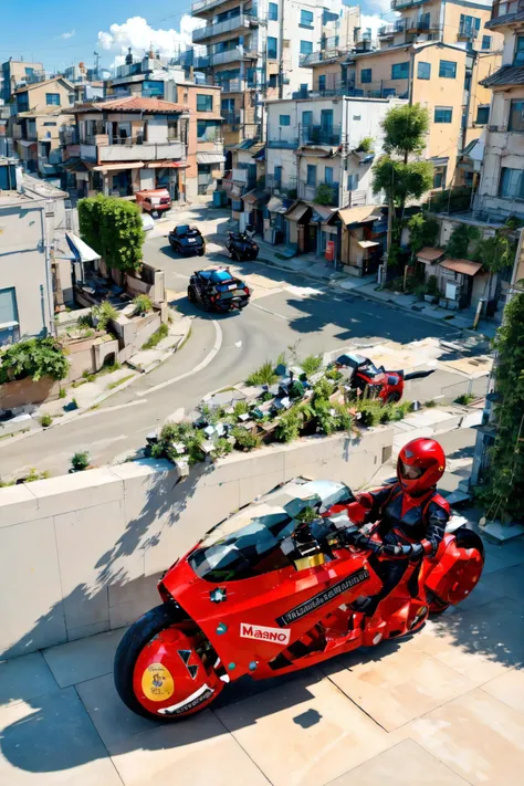<lora:AkiraSBK_v3-000010:1> masterpiece, photorealistic highly detailed 8k Aerial Hyperlapse of a Changing Landscape, best cinematic quality, volumetric lighting, beautiful woman on krsbk, side view, full of busy people in Rooftop Gardens with Hanging Lanterns