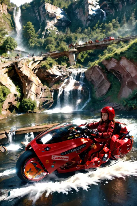 <lora:AkiraSBK_v3-000010:1> masterpiece, photorealistic highly detailed 8k Time-Lapse of Changing Light Conditions, best cinematic quality, volumetric lighting, beautiful woman on krsbk, side view, full of busy people in Majestic Waterfalls