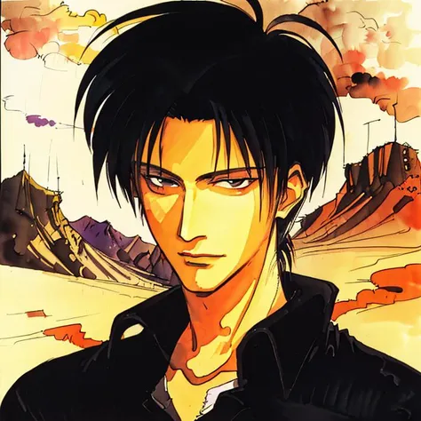 masterpiece, highres, best quality, amano yoshitaka, watercolor, 1man, portrait, wolfwood, looking at viewer, black eyes, desert landscape, <lora:Wolfwoodv1:0.6>, <lora:yoshitakaAmanoStyle_amanoYoshitaka55:0.8>